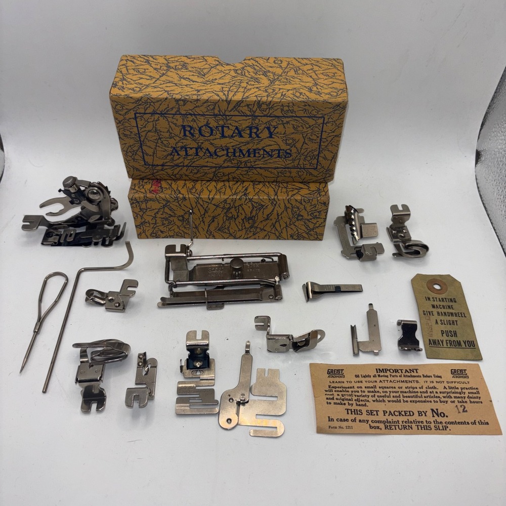 Vintage Greist Singer Rotary Sewing Machine Attachments Set in Box Ruffler Hem